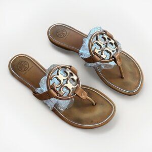 Tory Burch Miller Sandals Tan Leather Logo Women’s 8.5 Resort Beach Pool FLAWS
